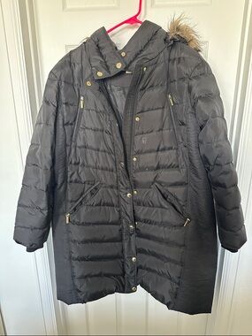 Michael Kors Long Puffer Jacket with Fur Trim Hood